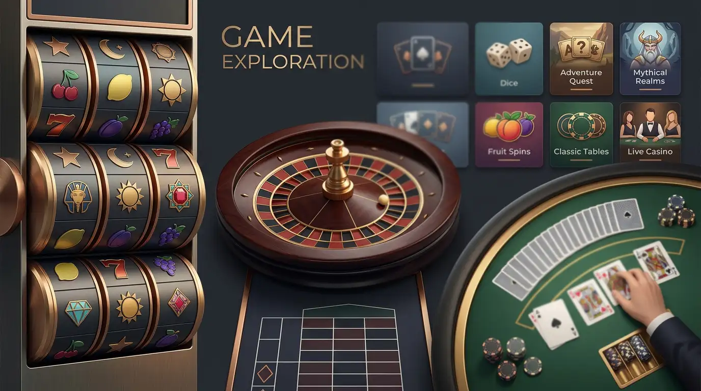 Illustration of slot reels, roulette, blackjack and digital casino game tiles