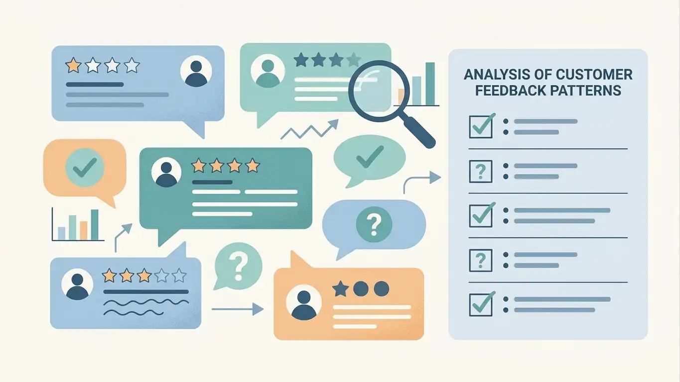 Illustration of mixed customer review cards, speech bubbles and a neutral checklist