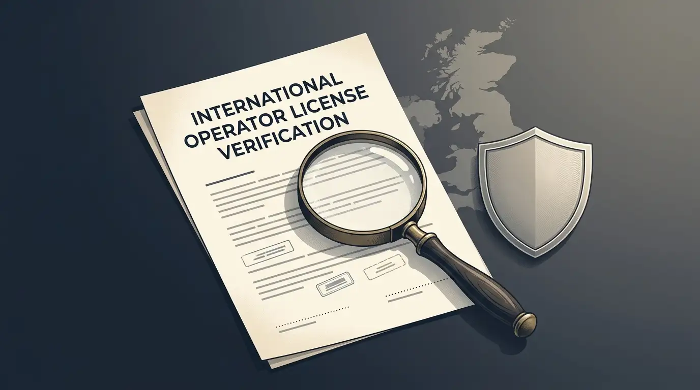Illustration of a licence document, magnifying glass, shield and subtle map outline