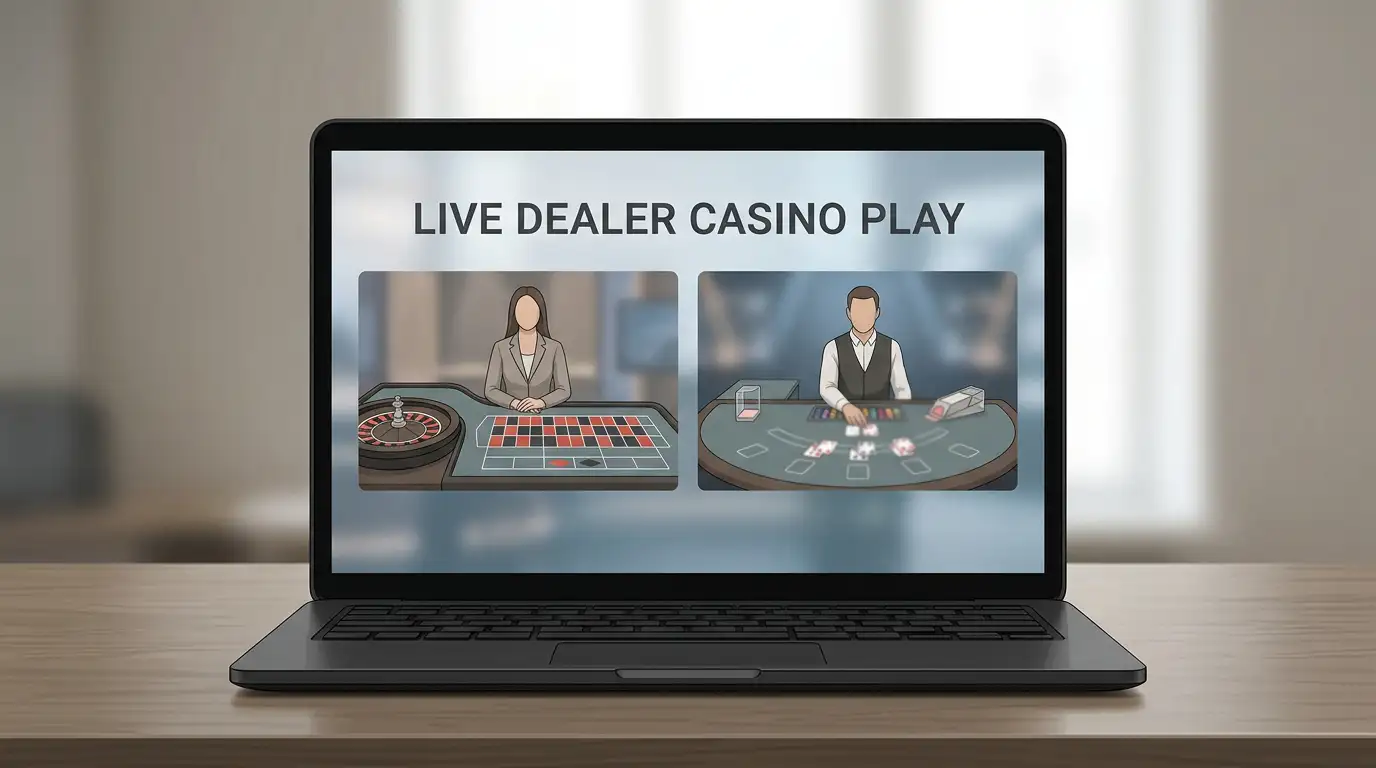 Neutral illustration of roulette and blackjack tables viewed through a laptop screen