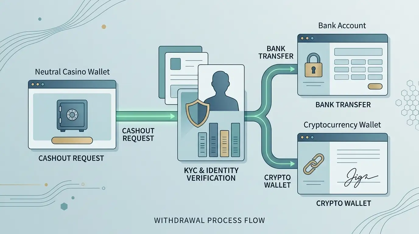 Conceptual withdrawal flow from casino wallet through identity verification to bank and cryptocurrency wallets