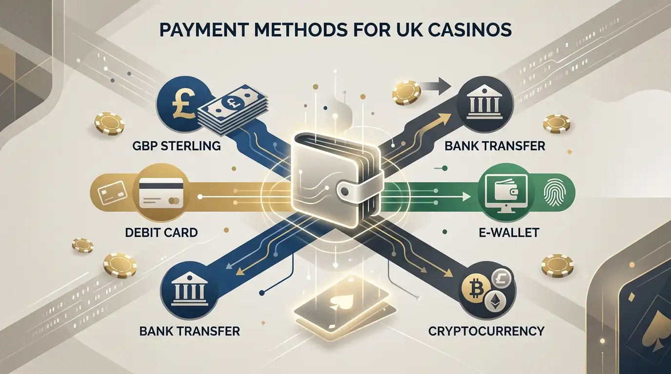 Illustration of a GBP wallet, bank transfer, debit card, e-wallet and cryptocurrency payment routes